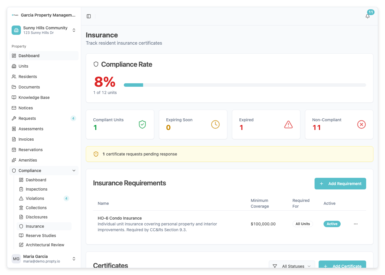 Insurance page showing all units and their status