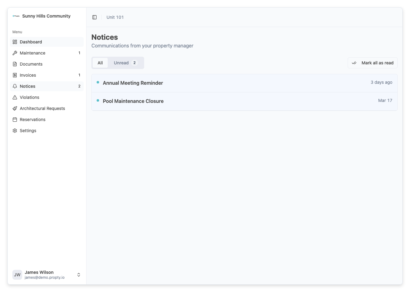 Notices list in portal