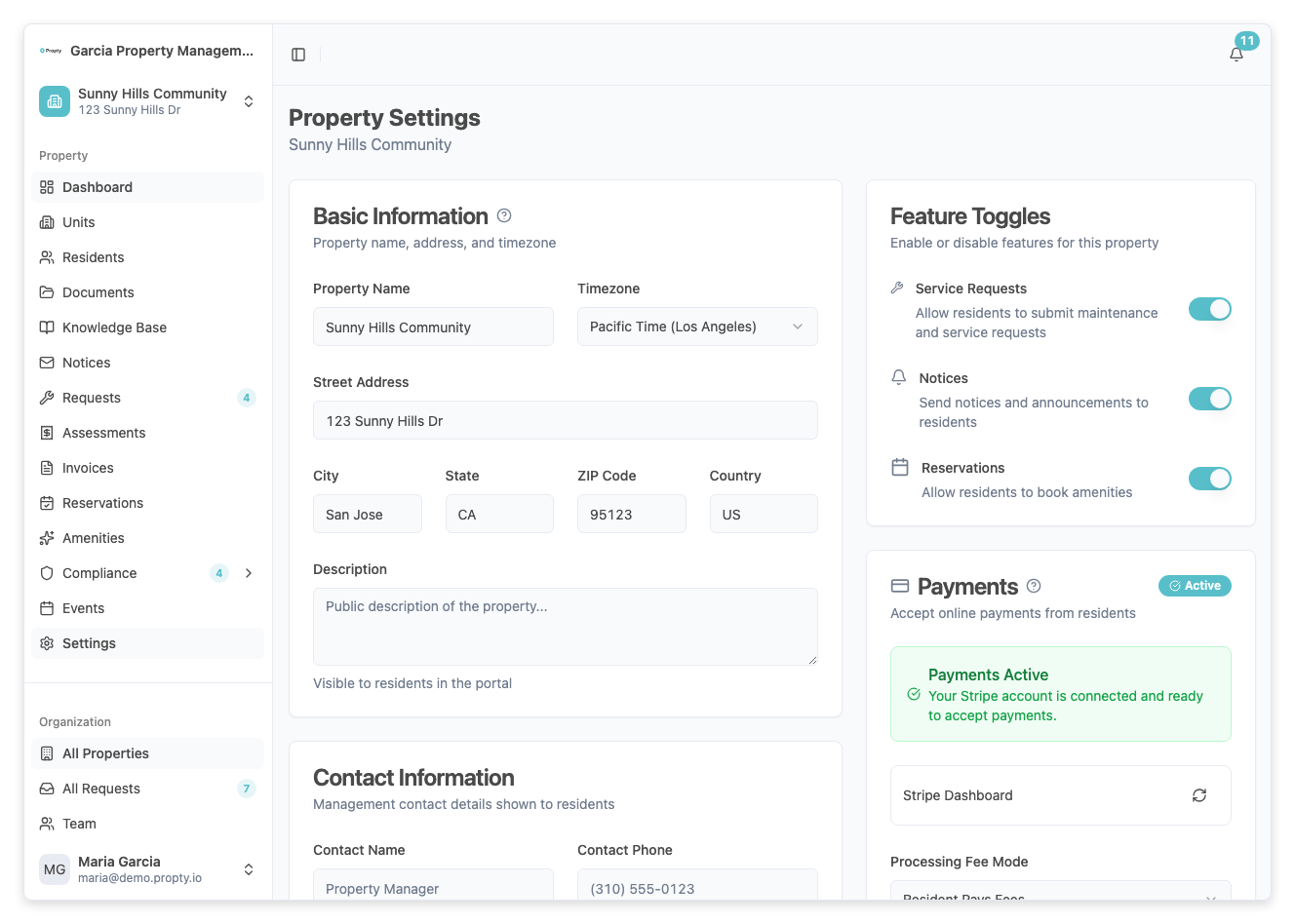 Property settings page