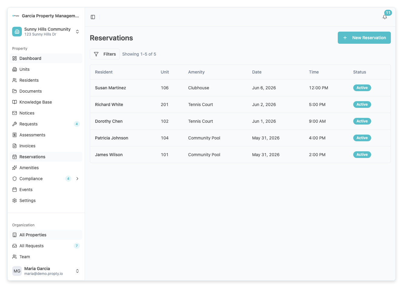Amenity reservations view