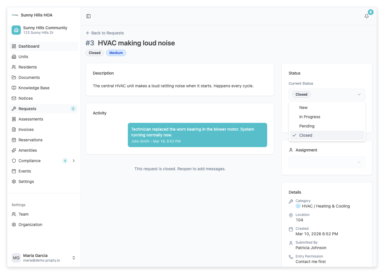 Status dropdown with Closed selected
