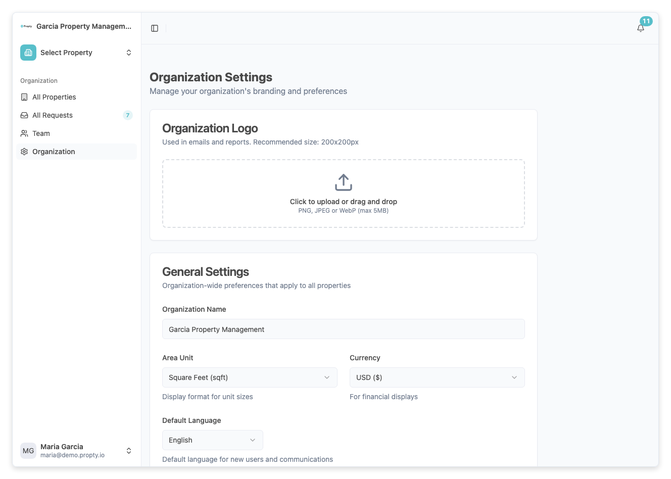 Organization settings page