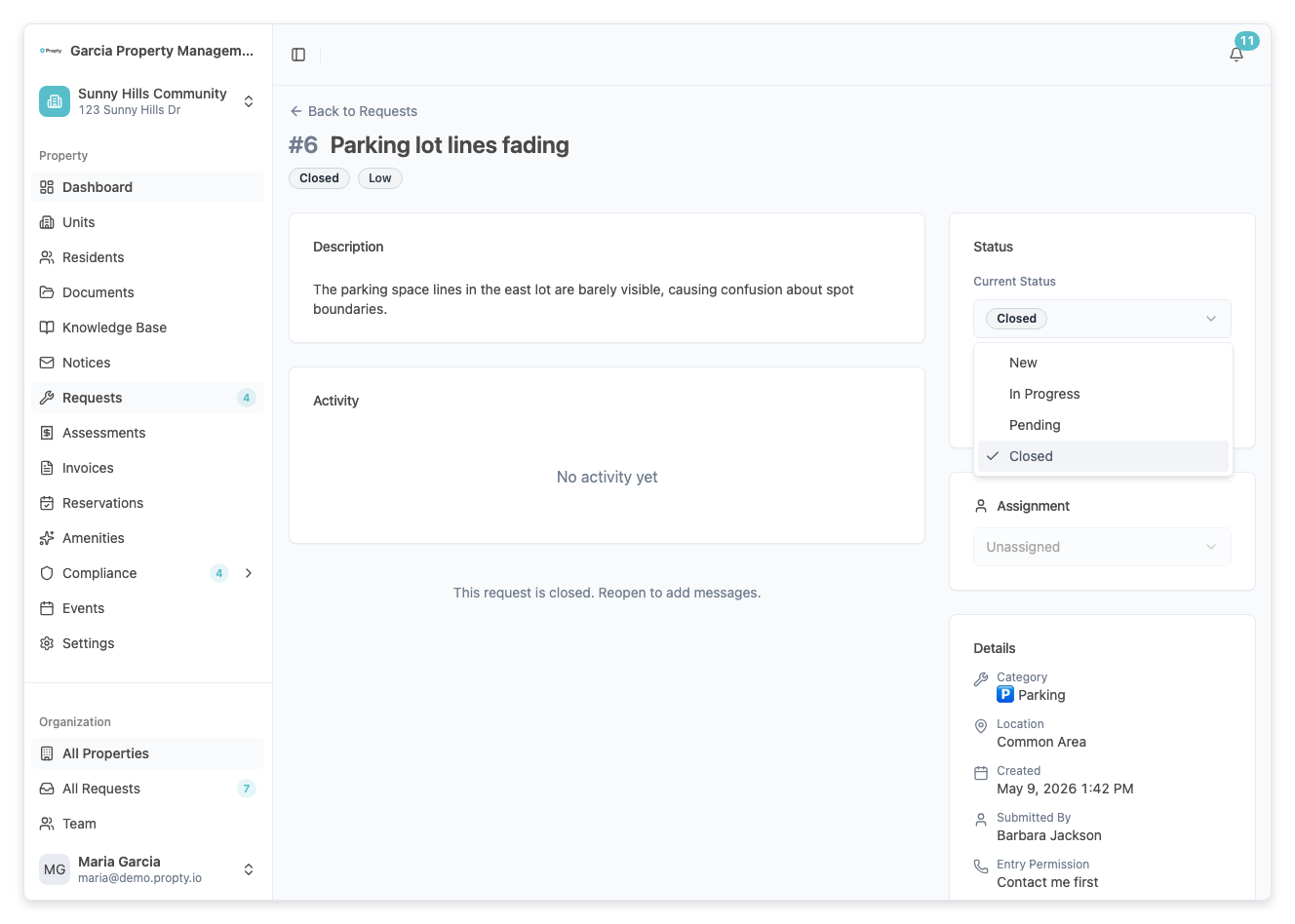 Status dropdown with Closed selected