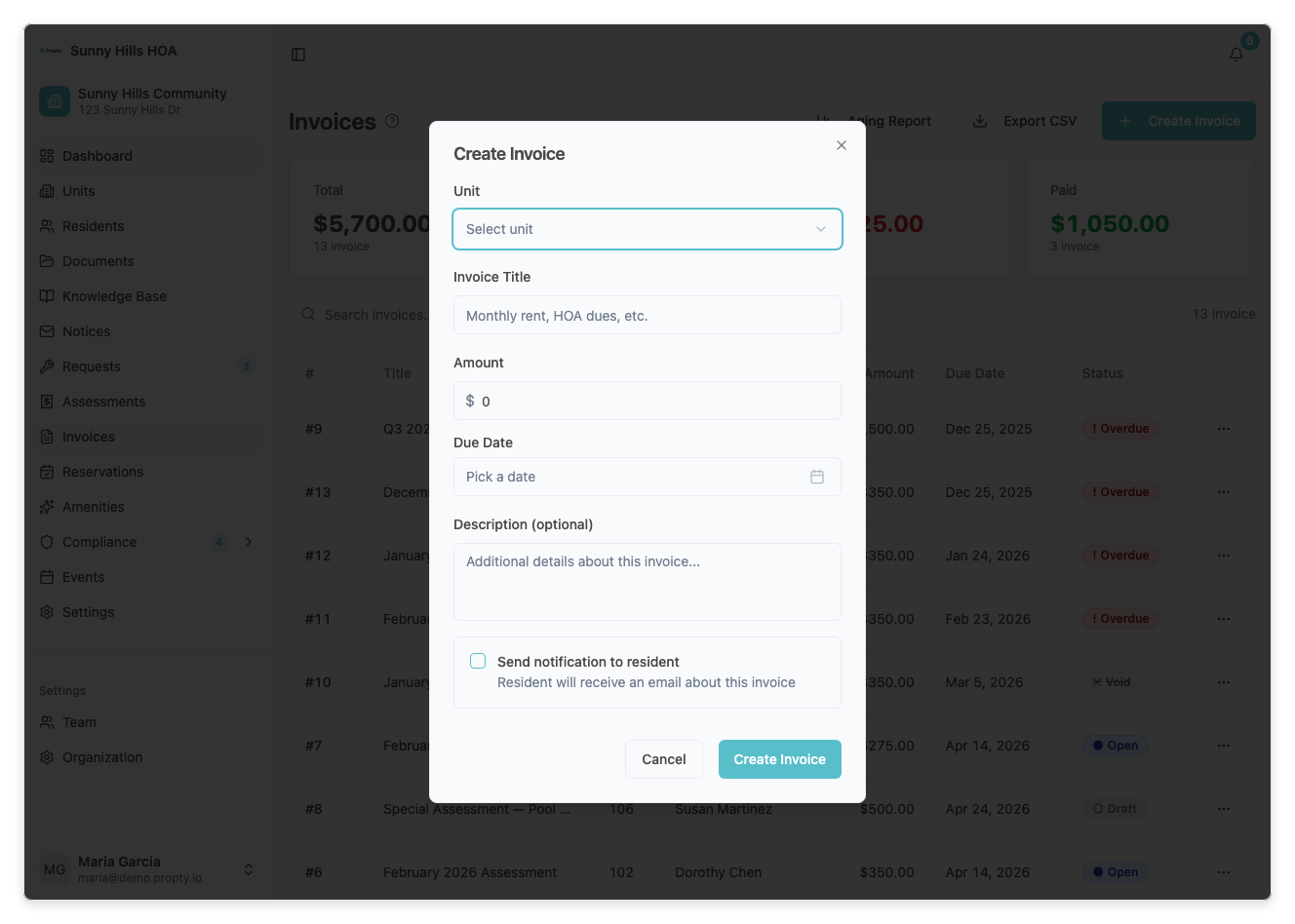 Create Invoice dialog with unit selector