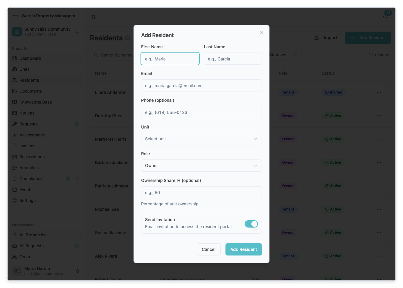 Add resident dialog