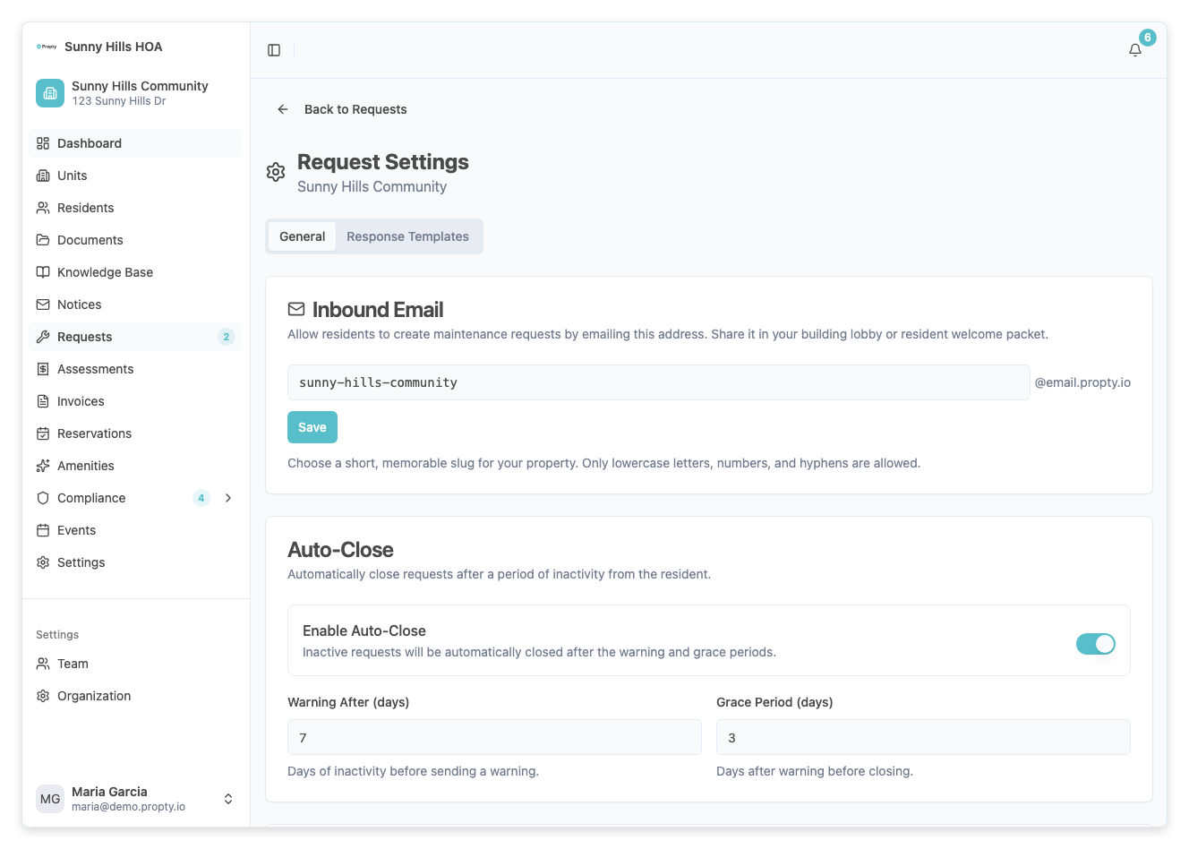 Página de configuración de solicitudes