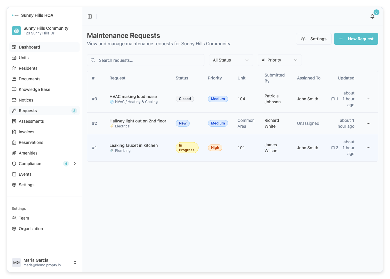 Lista de solicitudes con filtros