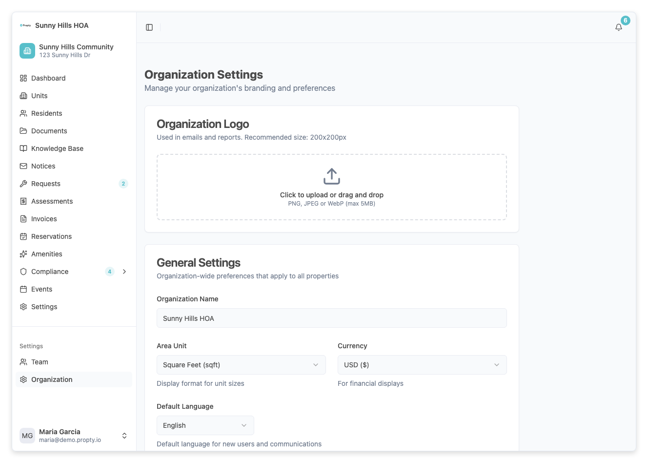 Pestaña de configuración de la organización