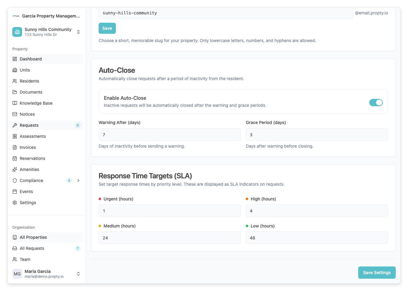 Request settings page