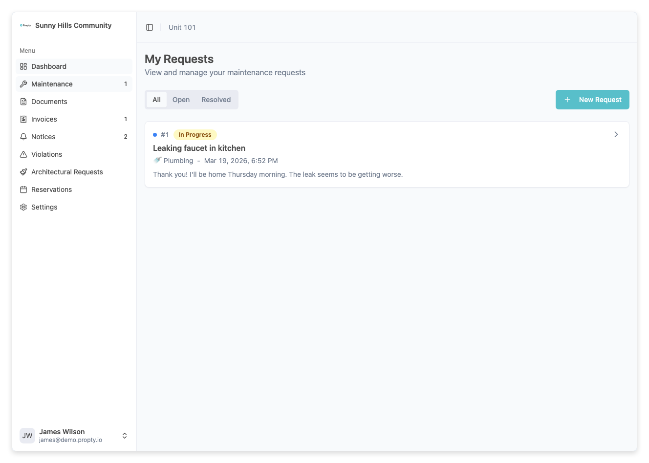 Page des demandes dans le portail